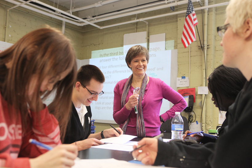 Laura Cummings, center, teaching a lesson in her Indianapolis classroom.